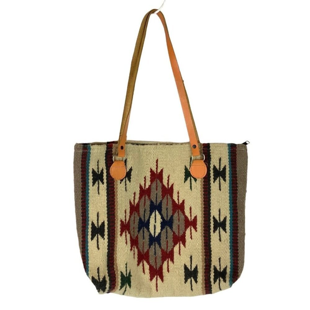 El Paso Saddle Blanket Southwestern Aztec Wool Tote Bag 18x14 Beige Red